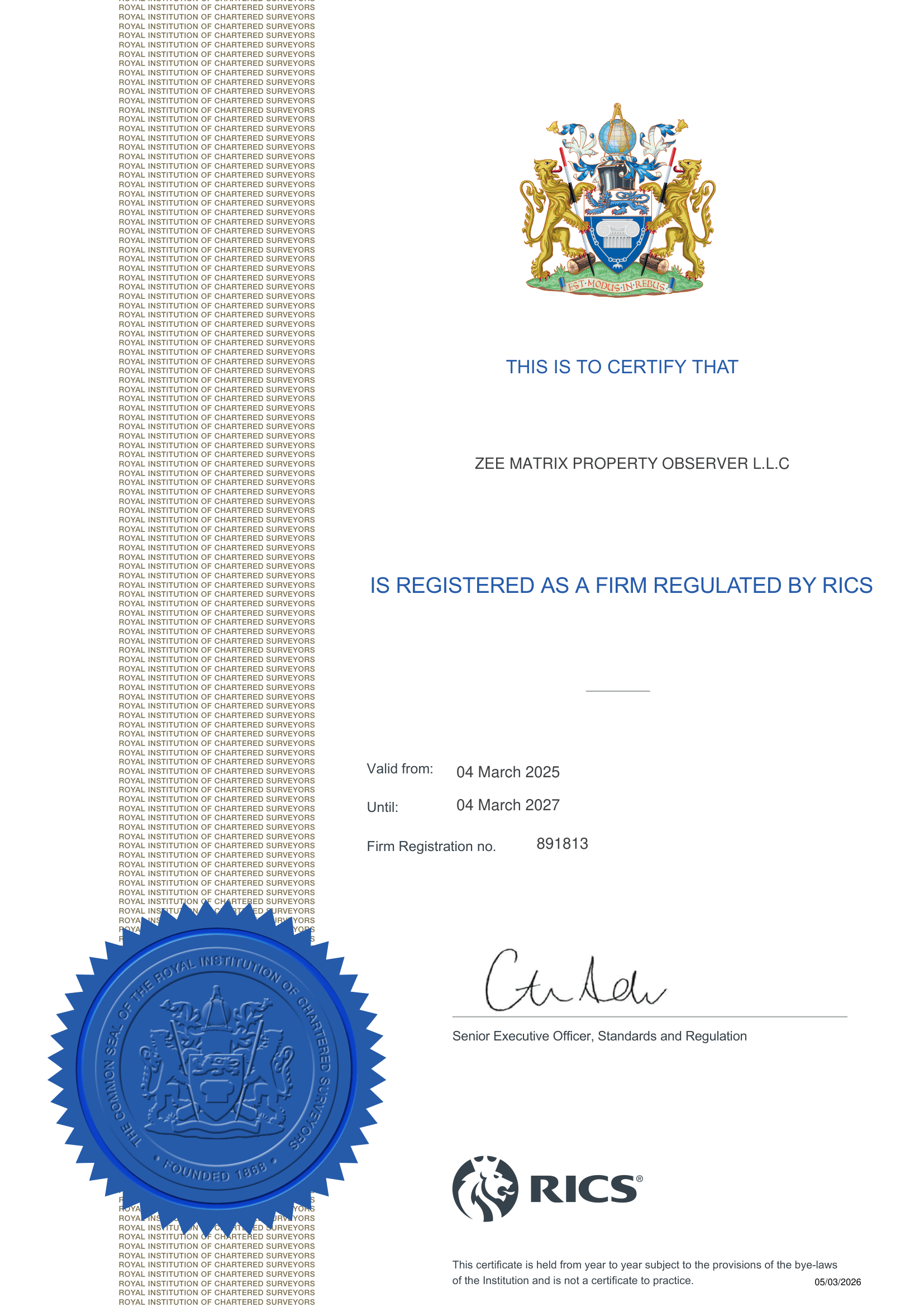 RICS regulated firm certificate