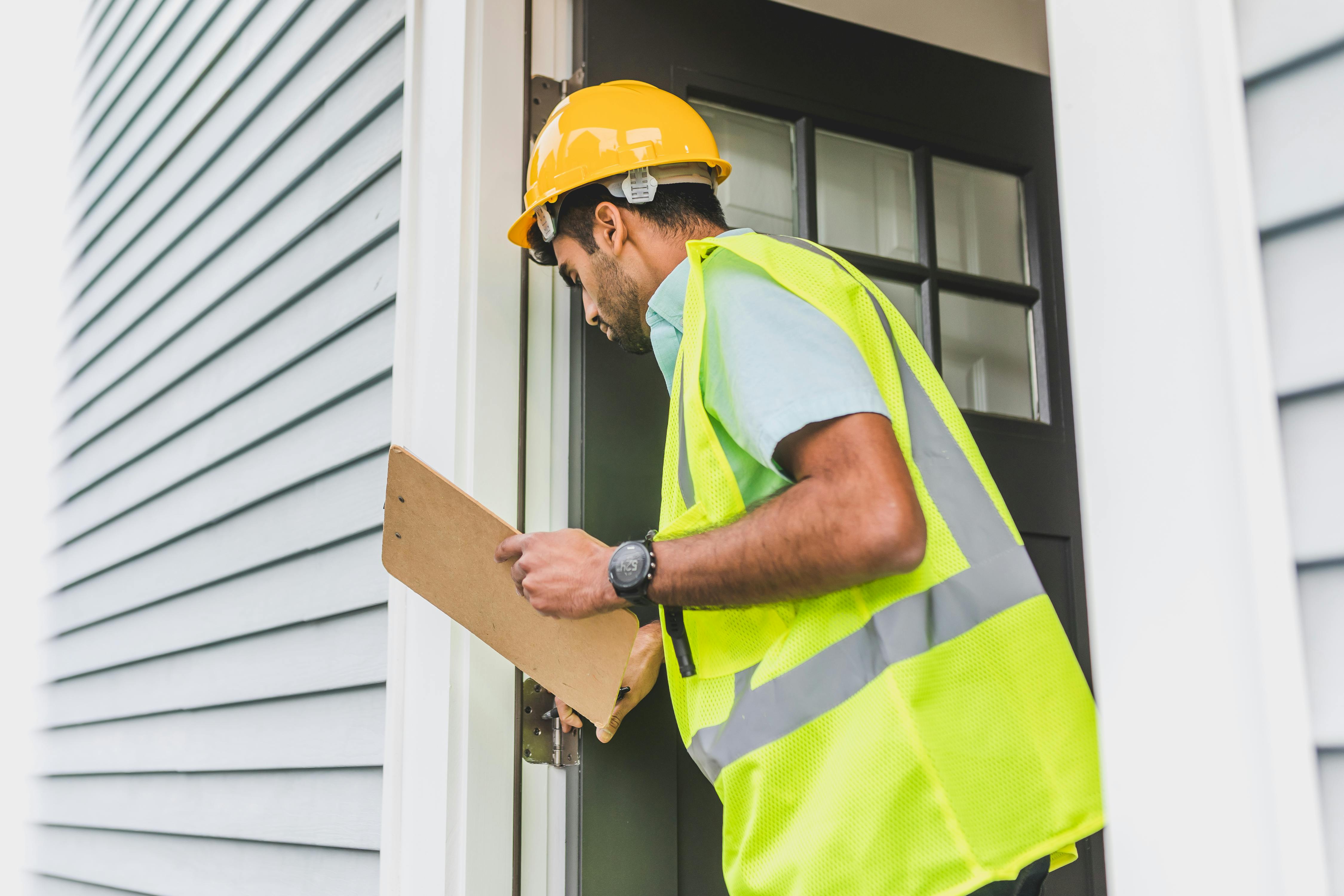 Inspector inspecting door frame